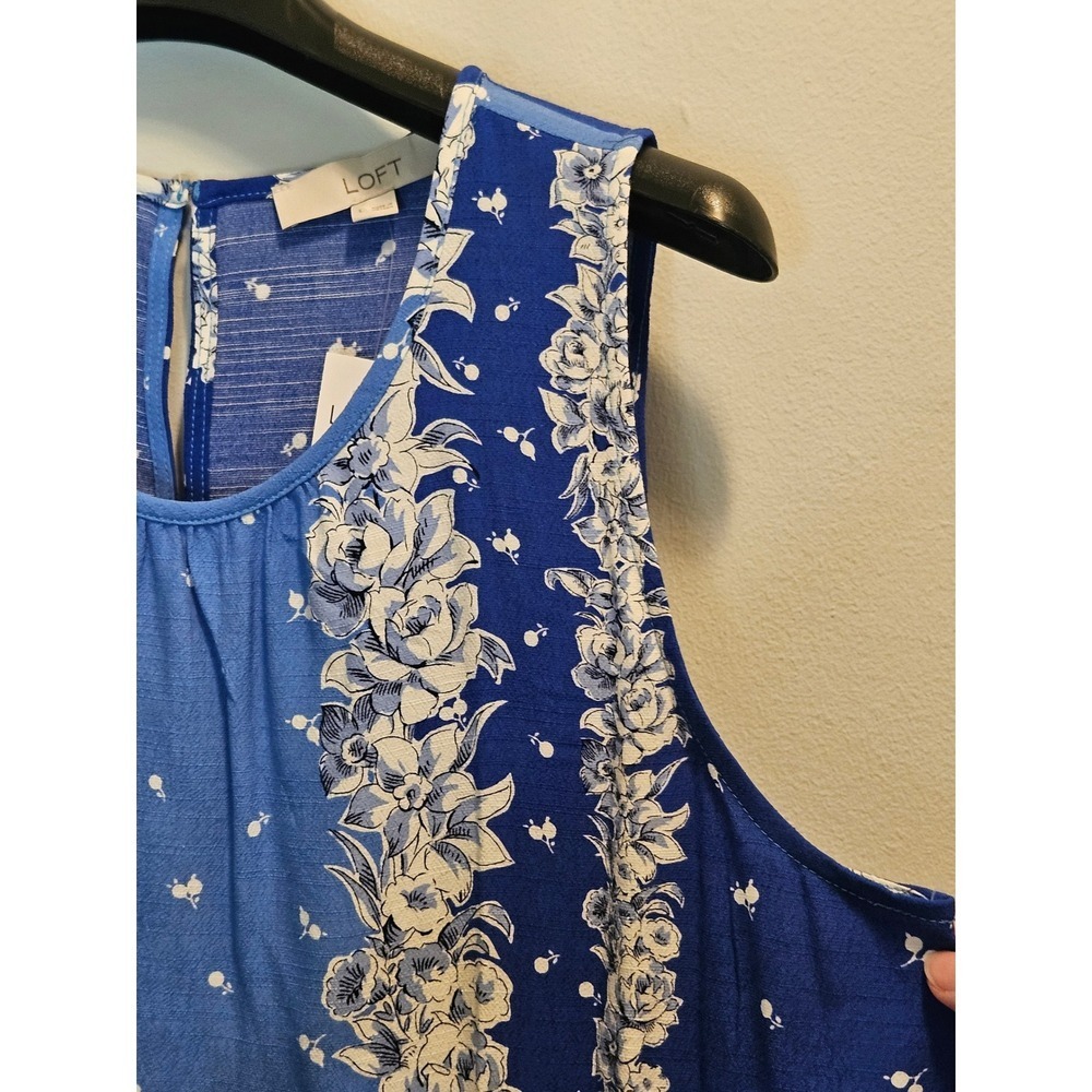 Loft Blue Floral Sleeveless Shell Top Mixed Print Keyhole Back Size XL NWT
